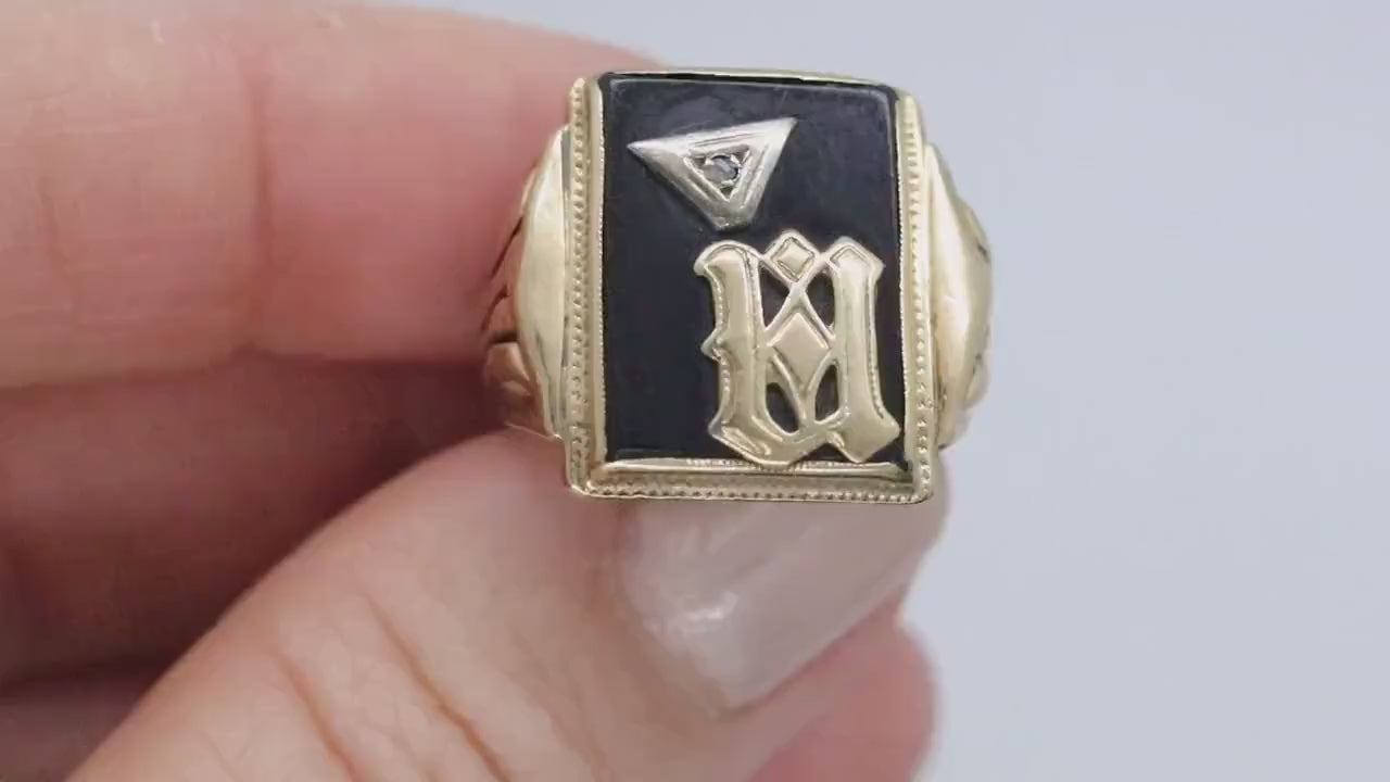 10k ONYX M  N or W ring. 10k Letter M or N or W statement ring. Calligraphy M or N initial Men or Women ring