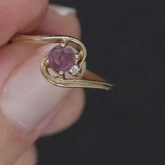 Dainty Ruby Ring. 10k round Ruby and Diamond Bypass ring