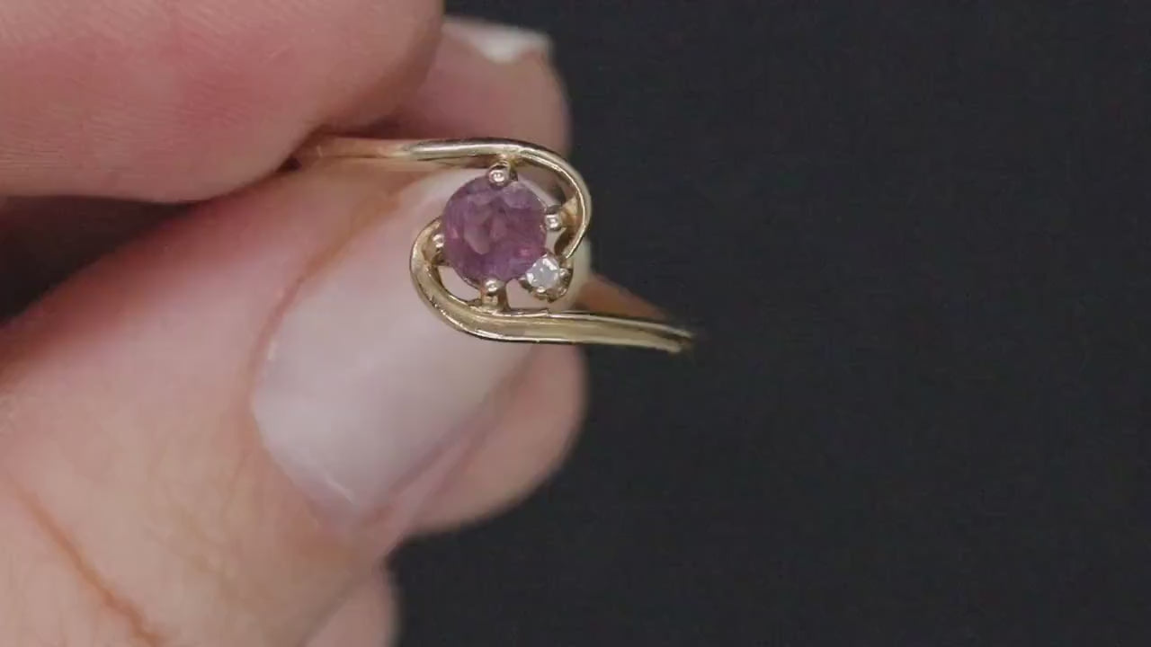 Dainty Ruby Ring. 10k round Ruby and Diamond Bypass ring