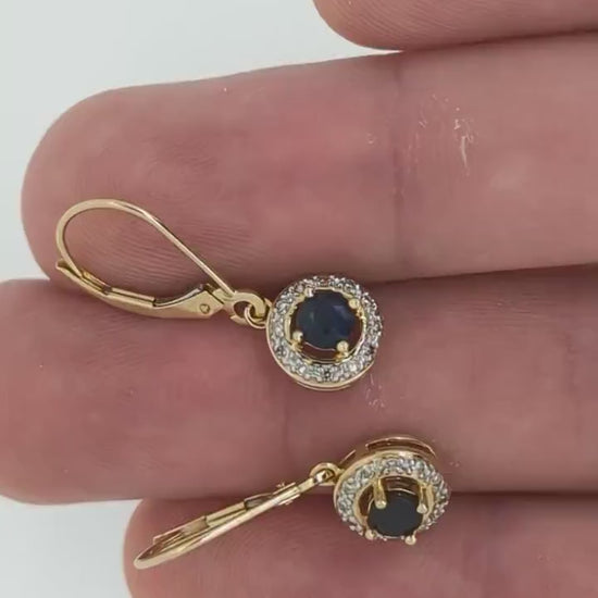 14k Sapphire and Diamond Halo Dangle Earrings. Sapphire Diamond Halo Earrings. st(51/75)