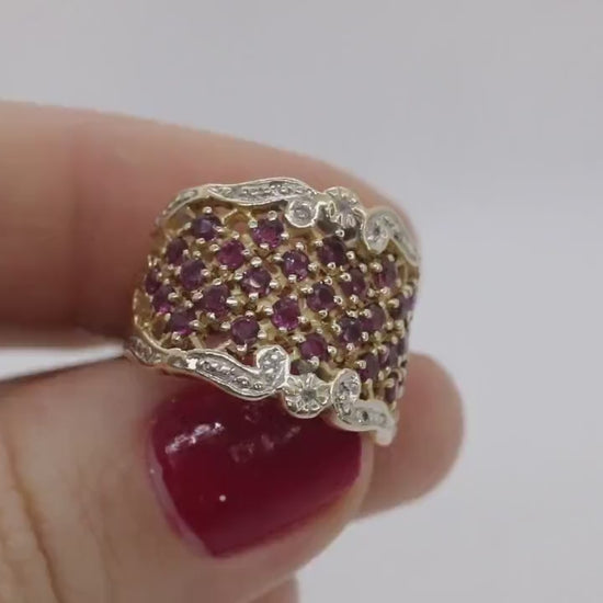 14k Ruby and Diamond Wide Pave Cluster Encrusted ring. 14k Yellow Gold and diamond ruby statement band