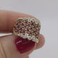 14k Ruby and Diamond Wide Pave Cluster Encrusted ring. 14k Yellow Gold and diamond ruby statement band