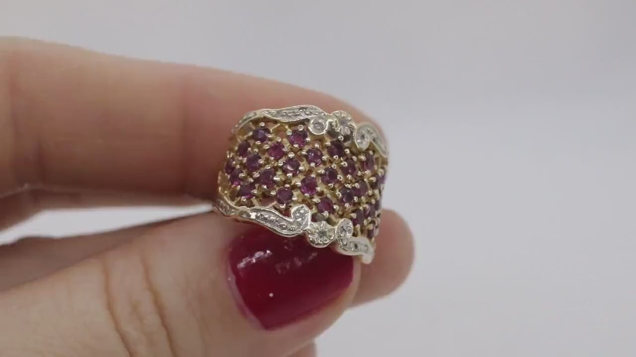 14k Ruby and Diamond Wide Pave Cluster Encrusted ring. 14k Yellow Gold and diamond ruby statement band