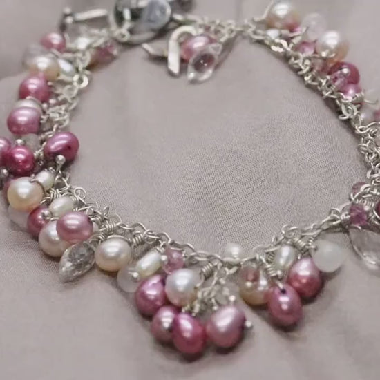 Laura Gibson Bracelet Breast Awareness. Sterling Silver with Pearls and Dangling Faceted Gems - Quartz (552)