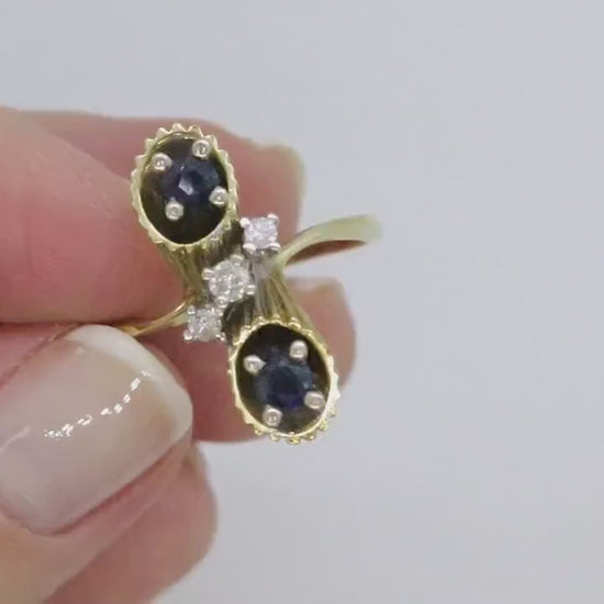 14k Sapphire Diamond Bypass ring. 14k Sapphire Flower Cones Vine cluster ring