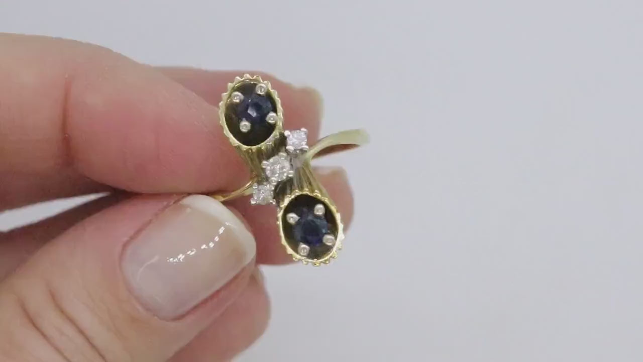 14k Sapphire Diamond Bypass ring. 14k Sapphire Flower Cones Vine cluster ring