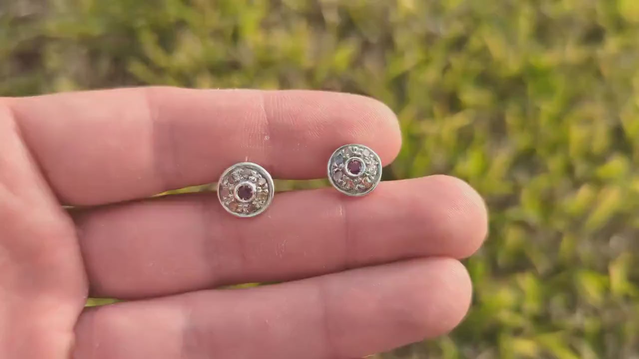 14k Ruby and Diamond Halo Gold Stud Earrings. Vintage Rough cut diamond ruby button round earrings. st(40)