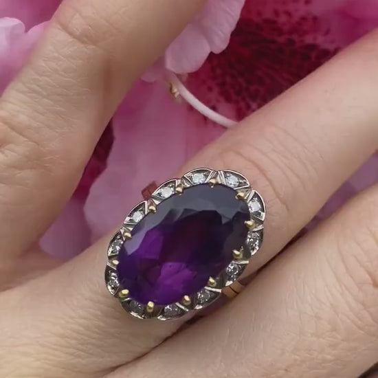 Vintage 1940s Large Amethyst and Diamond Handmade 18k Yellow White Gold Ring sz 6.5, Engagement ring, cocktail ring, February Amethyst