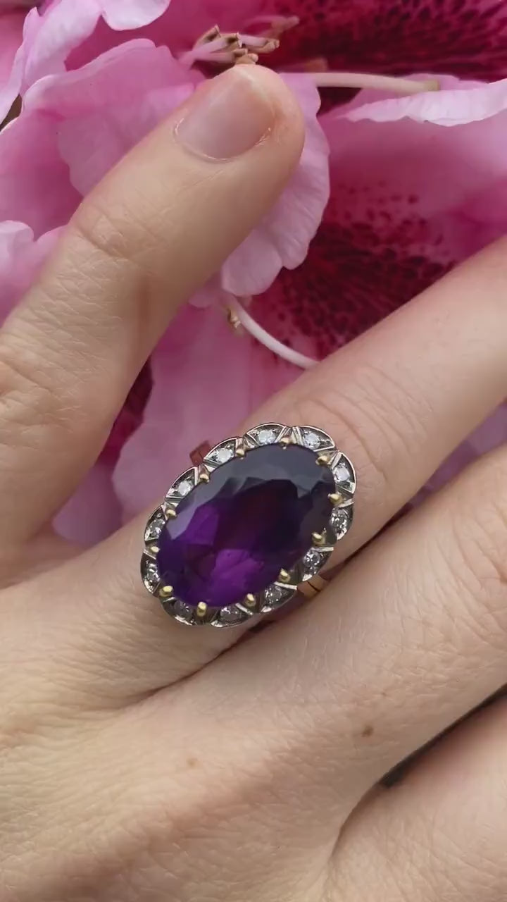 Vintage 1940s Large Amethyst and Diamond Handmade 18k Yellow White Gold Ring sz 6.5, Engagement ring, cocktail ring, February Amethyst