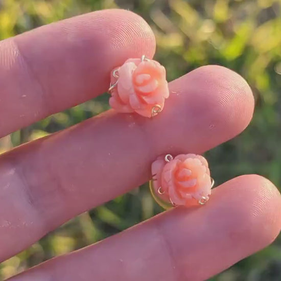 Coral Earrings. 14k Carved Coral Rose Flower Blooming Earrings. Large Carved Flower Coral Studs st(69)