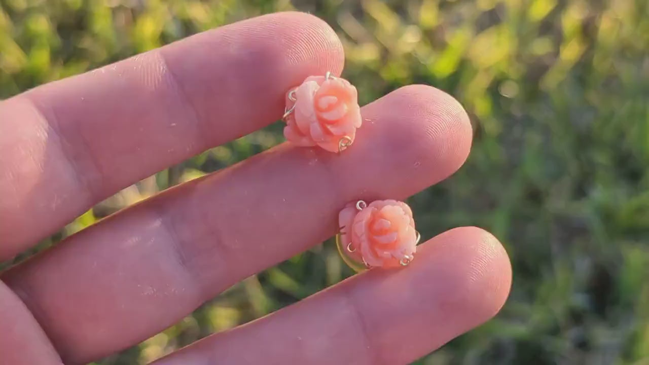 Coral Earrings. 14k Carved Coral Rose Flower Blooming Earrings. Large Carved Flower Coral Studs st(69)