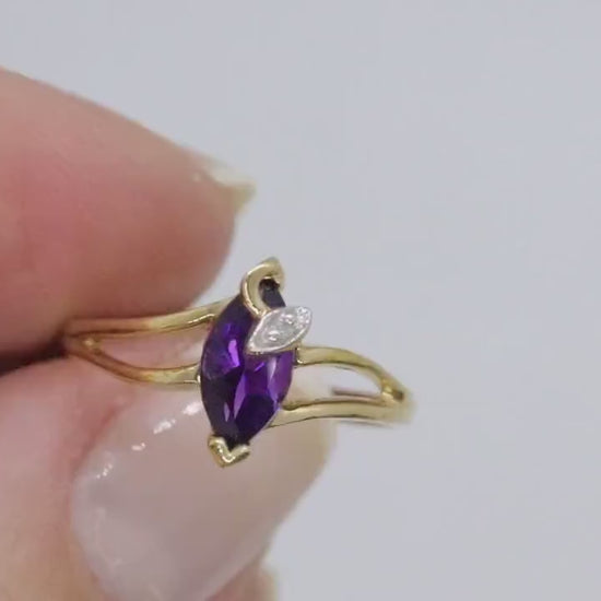 Marquise Amethyst 10k Gold ring. Amethyst and diamond Ring.