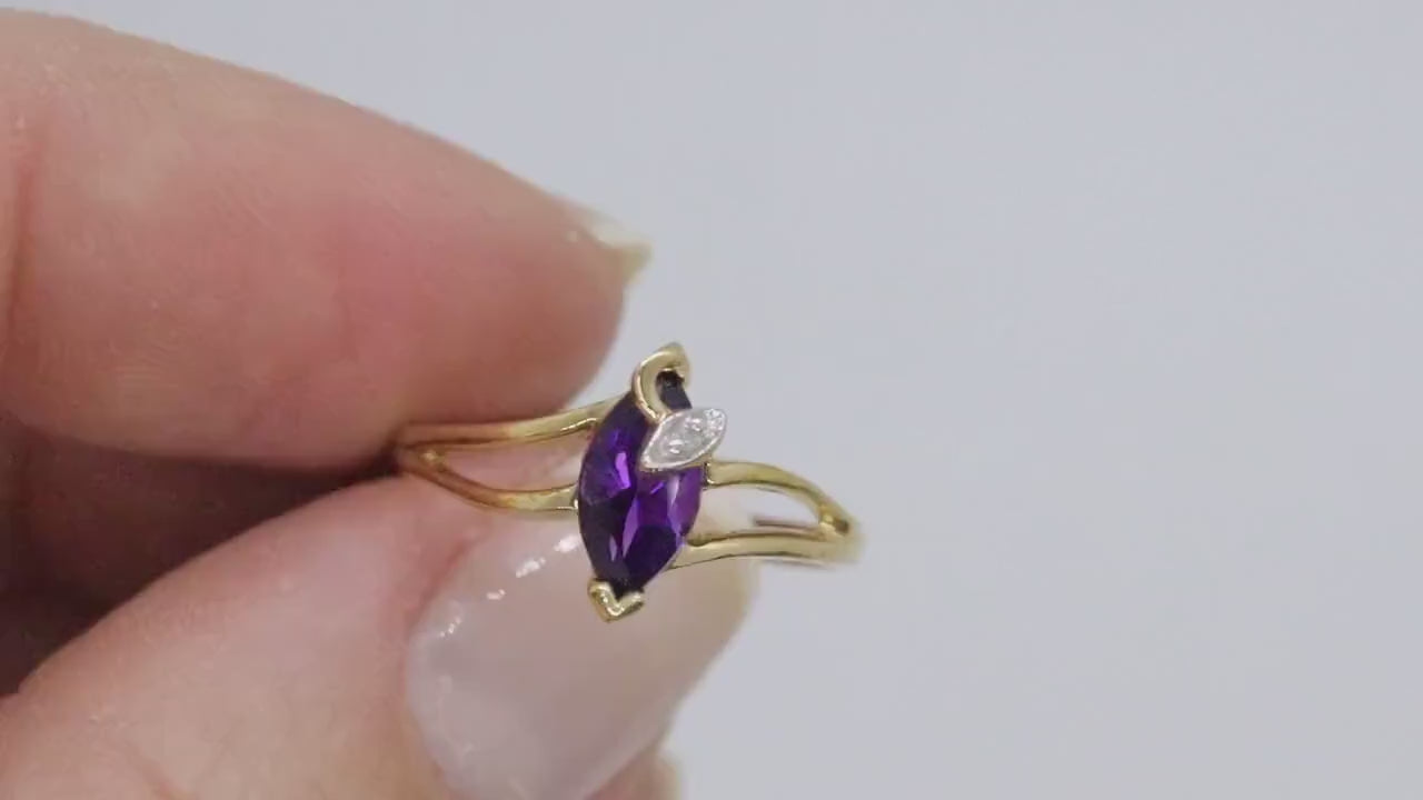 Marquise Amethyst 10k Gold ring. Amethyst and diamond Ring.