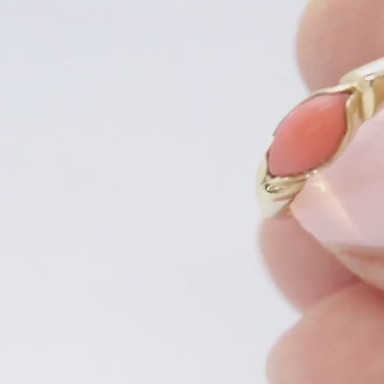 14k Coral Pink Cabochon ring. Thin Peach coral band.