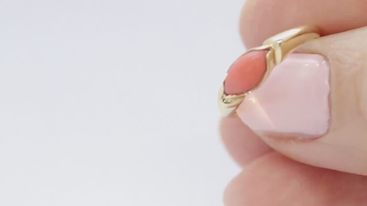 14k Coral Pink Cabochon ring. Thin Peach coral band.