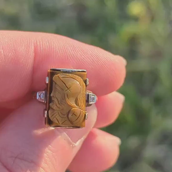 10k Tiger Eye Cameo Diamond Signet Ring. 10k gold Heavy Carved Warrior Mens or Womens ring. st(150)