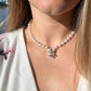 JABEL Diamond 18k White Gold Pearl Necklace. 8mm Pearls 15inch Bypass Chocker Necklace.