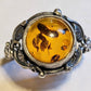 Vintage Honey Amber round cabochon 925 Sterling Silver Ring with Leaf motif. Women sz 7.5