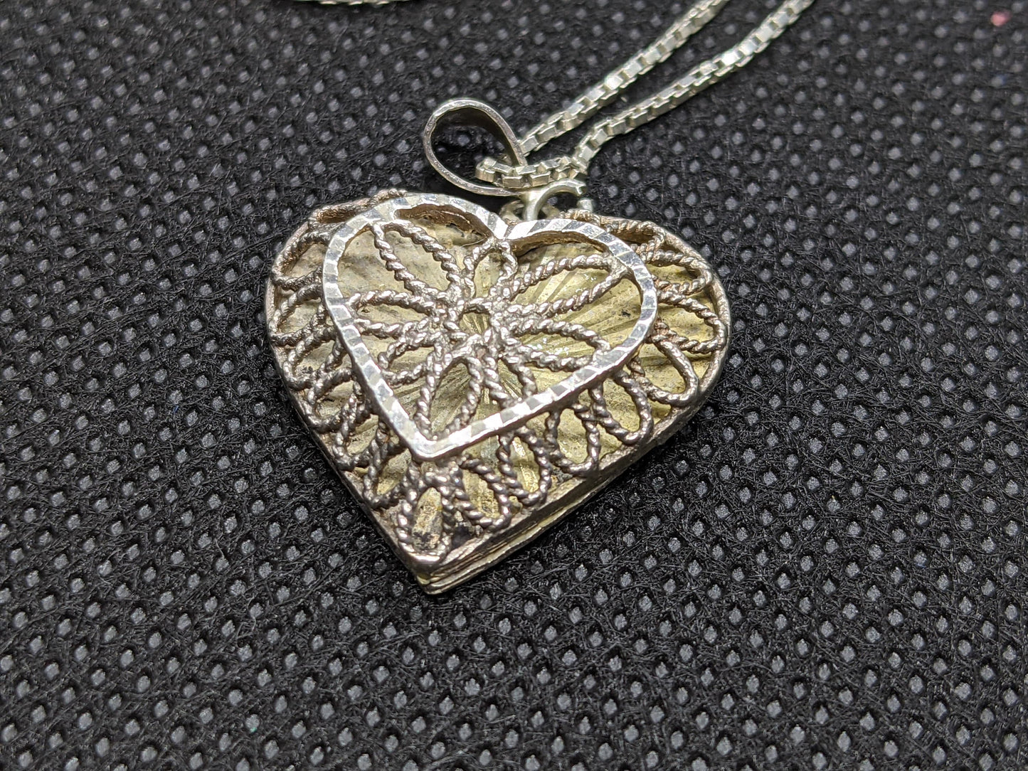Vintage 925 Sterling Silver Filigree Heart and Box Chain Pendant and Necklace. Sterling Silver Necklace. Braided Heart.
