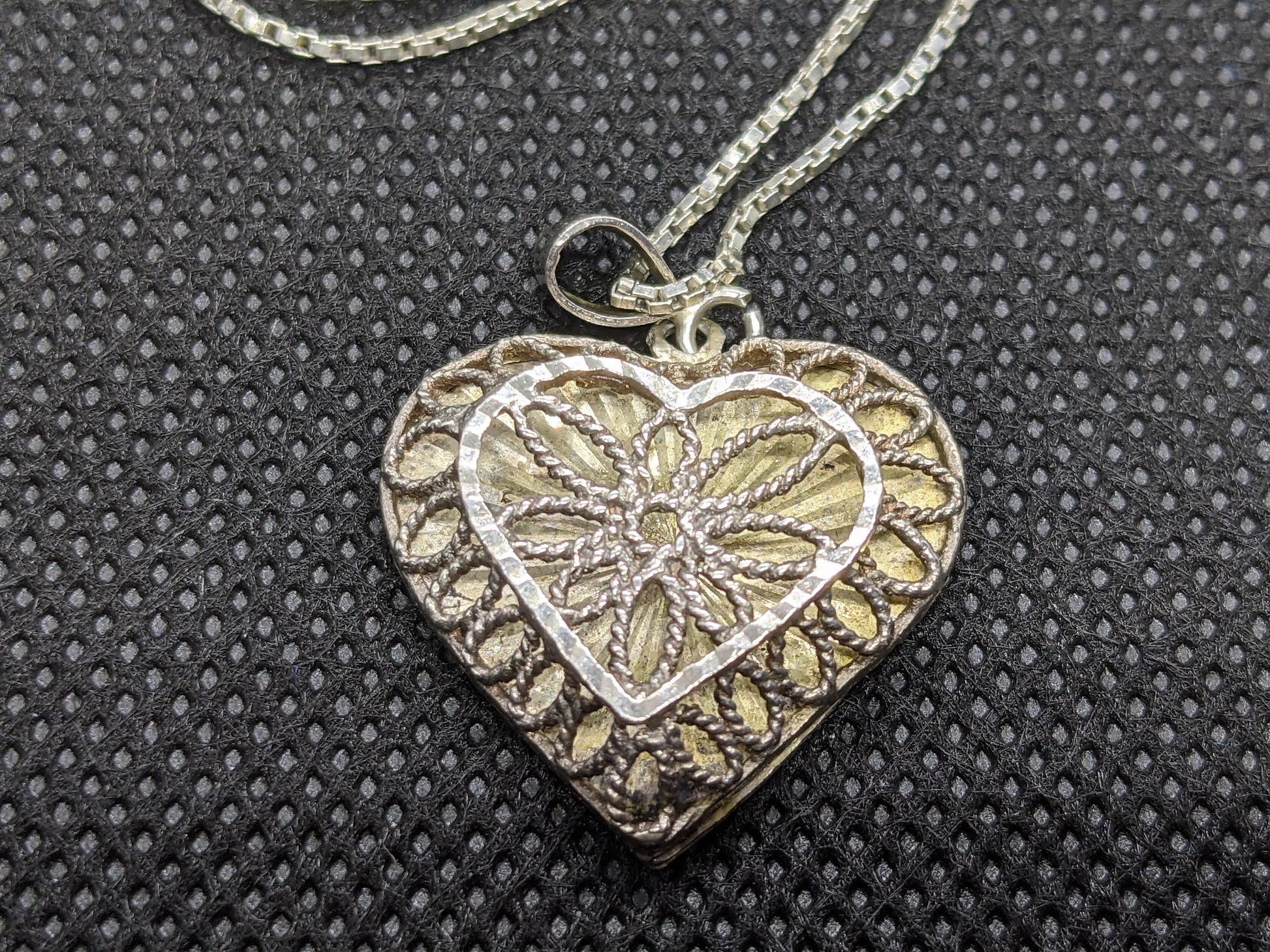 Vintage 925 Sterling Silver Filigree Heart and Box Chain Pendant and Necklace. Sterling Silver Necklace. Braided Heart.