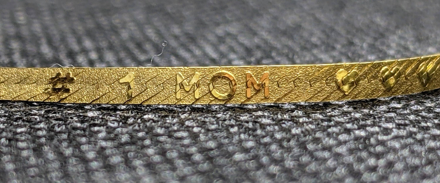 Mom bracelet 14k Herringbone Bracelet. #1 MOM with hearts. Best Gift for Mom. Yellow Gold with engraved letters. Reversible