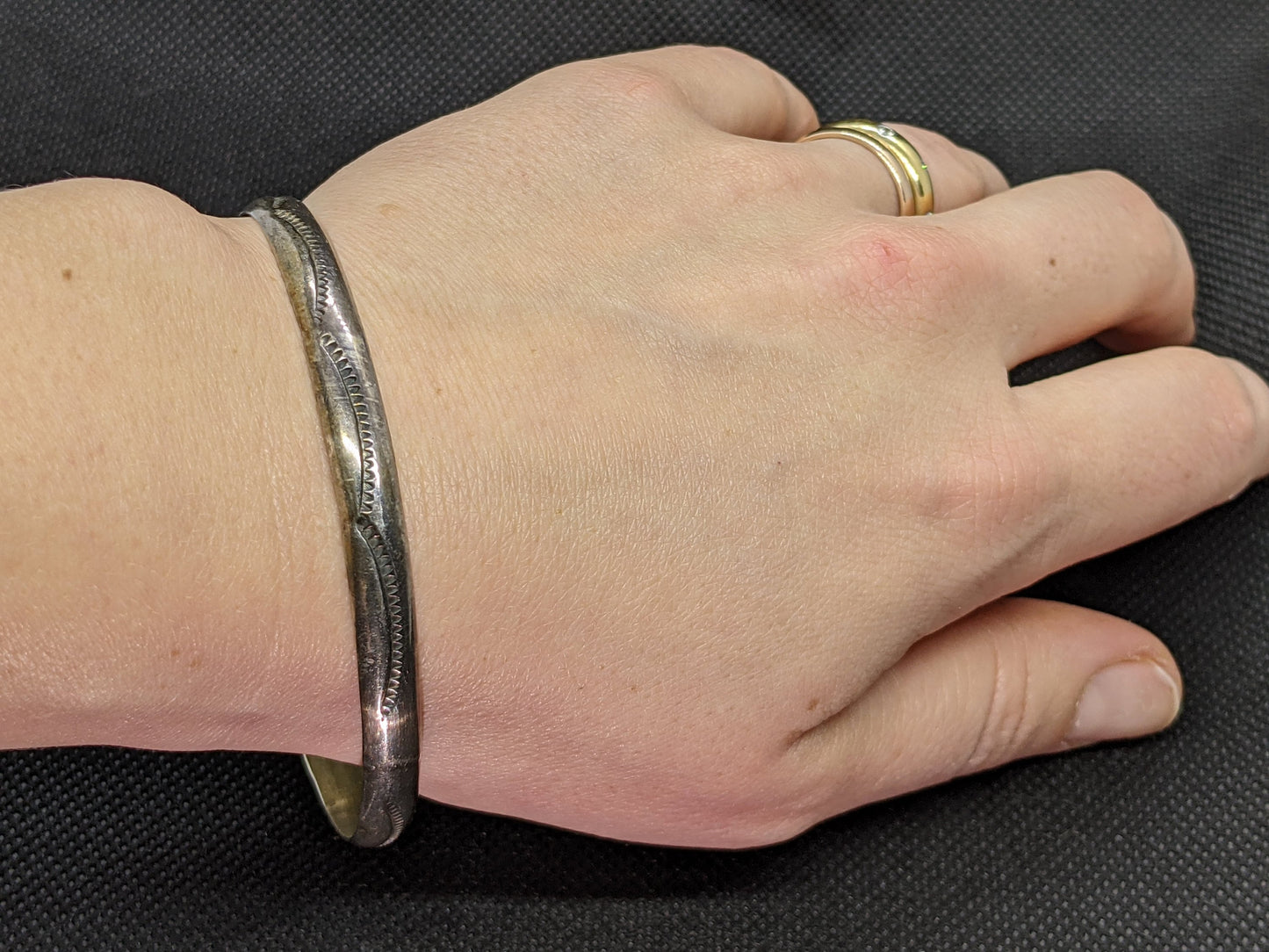 Sterling Silver 925 Bangle Bracelet. Engraved design. 6mm width with 17.2 grams TW. Stacked Bracelet.