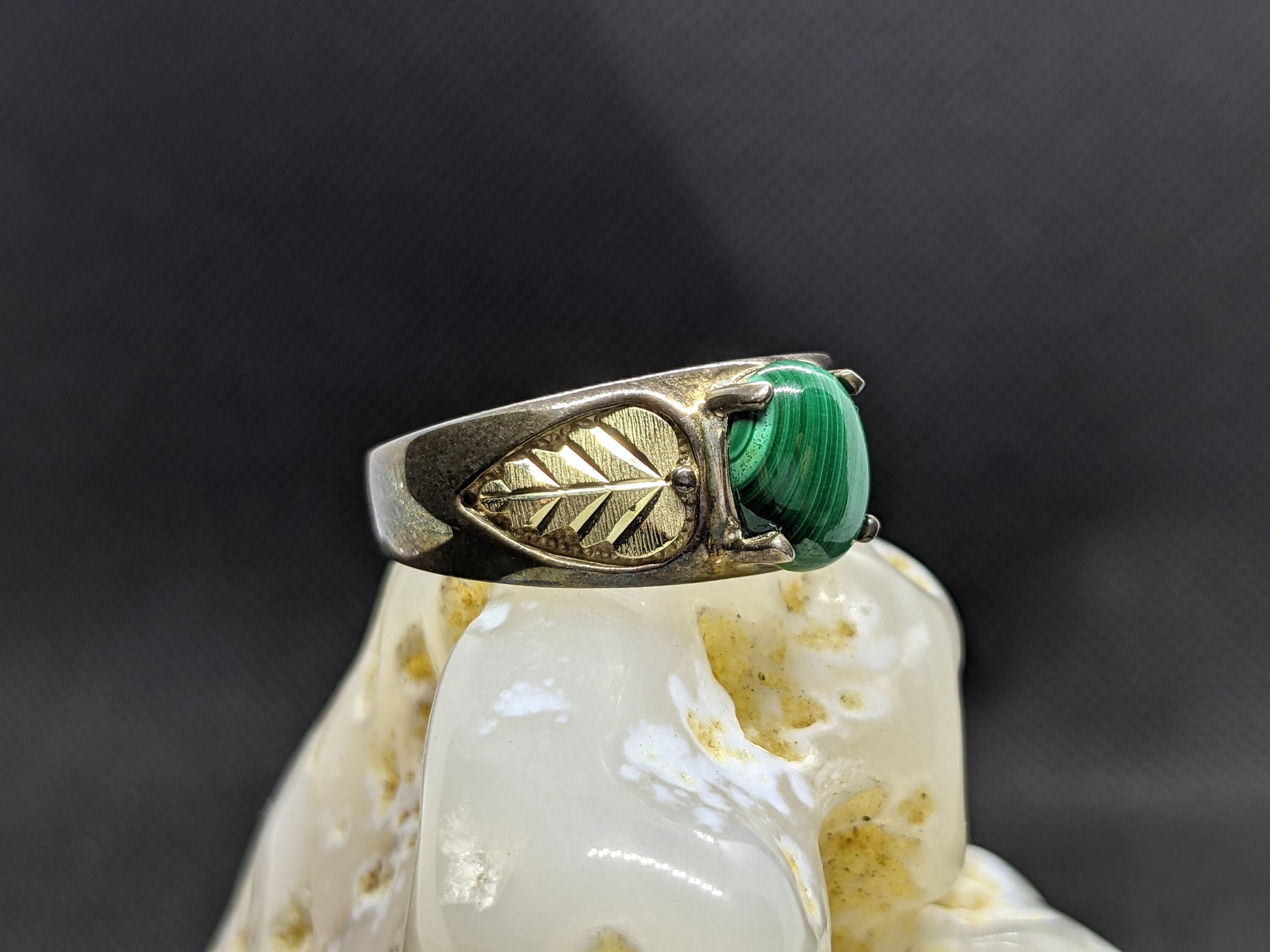 Black Hills Gold Sterling Silver Ring. Green Malachite cabochon with 10k gold inlays band.