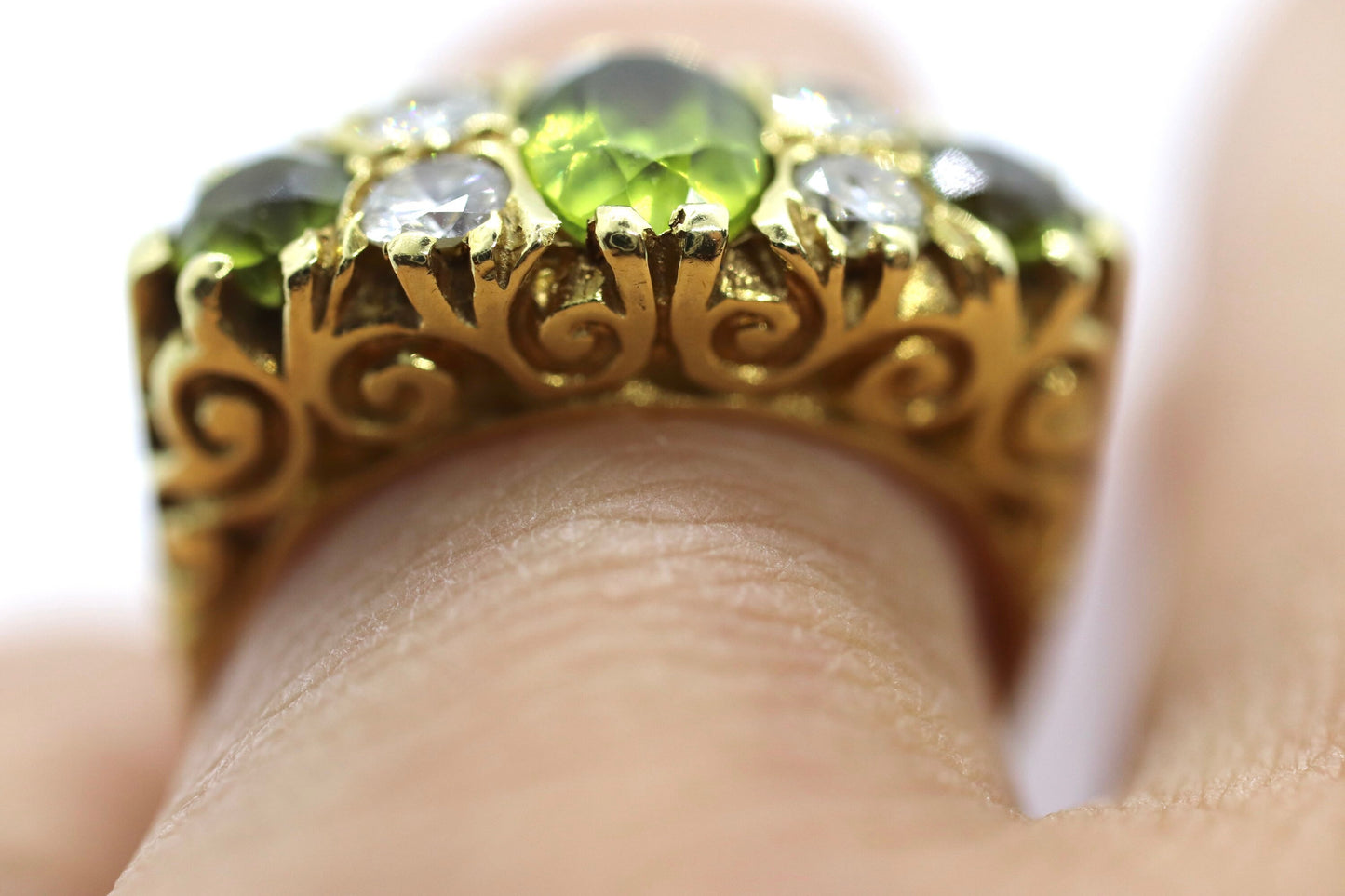 18k Large Peridot and Diamond Ring. Made in UK 1976. 6.4grams with 0.40ctw in diamonds