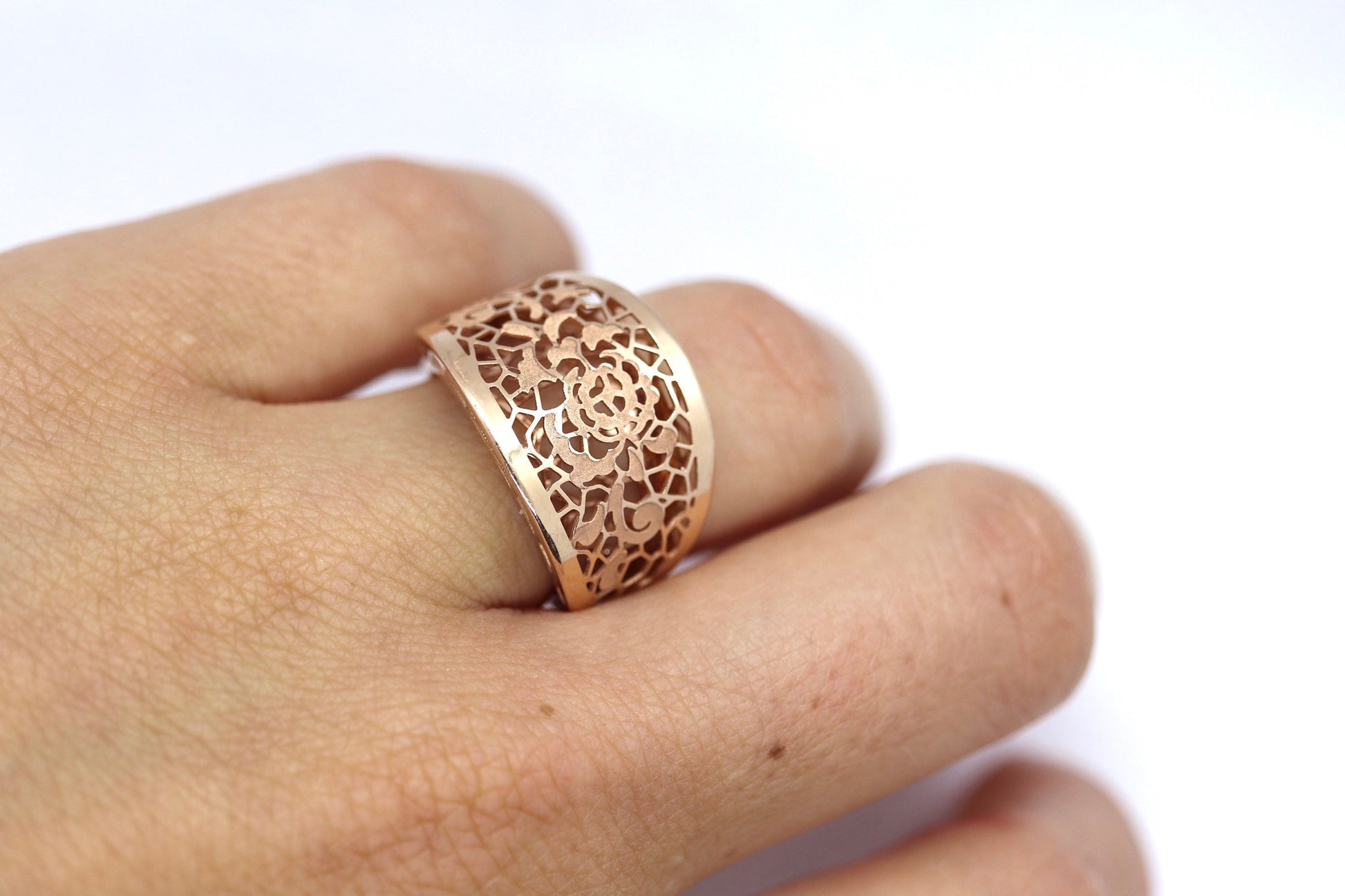 Filigree Signet Hollow ring. 14k Rose gold ring. Rose flower band. gold pinky ring Italian Golden Clef International. Rose Gold Signet Ring