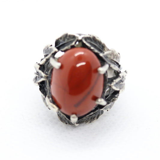 Vintage - Jasper Oval Cabochon - Sterling Silver - leaf motif Ring sz 4.5 women