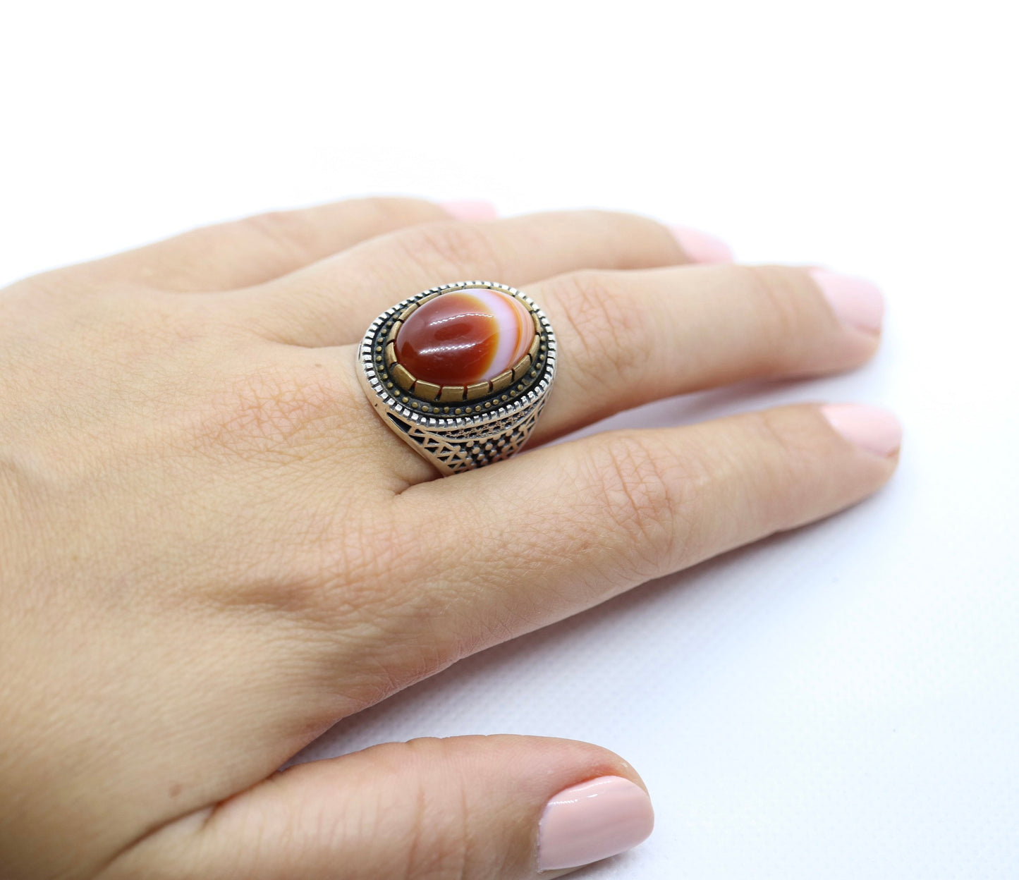 Orange Agate cabochon Sterling Silver Ring. 925 silver Statement ring. Orange Gem Ring. Sz 8