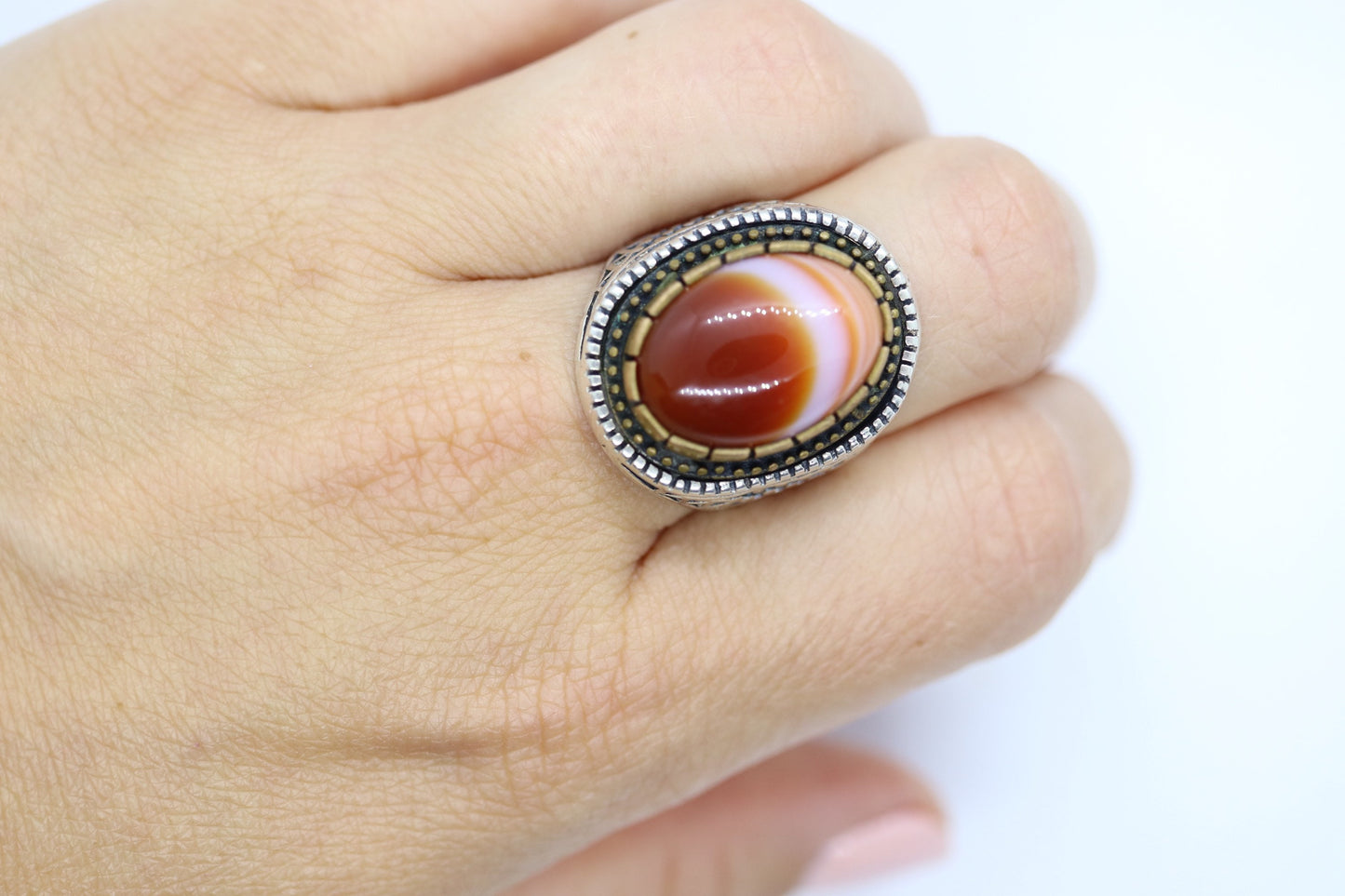 Orange Agate cabochon Sterling Silver Ring. 925 silver Statement ring. Orange Gem Ring. Sz 8