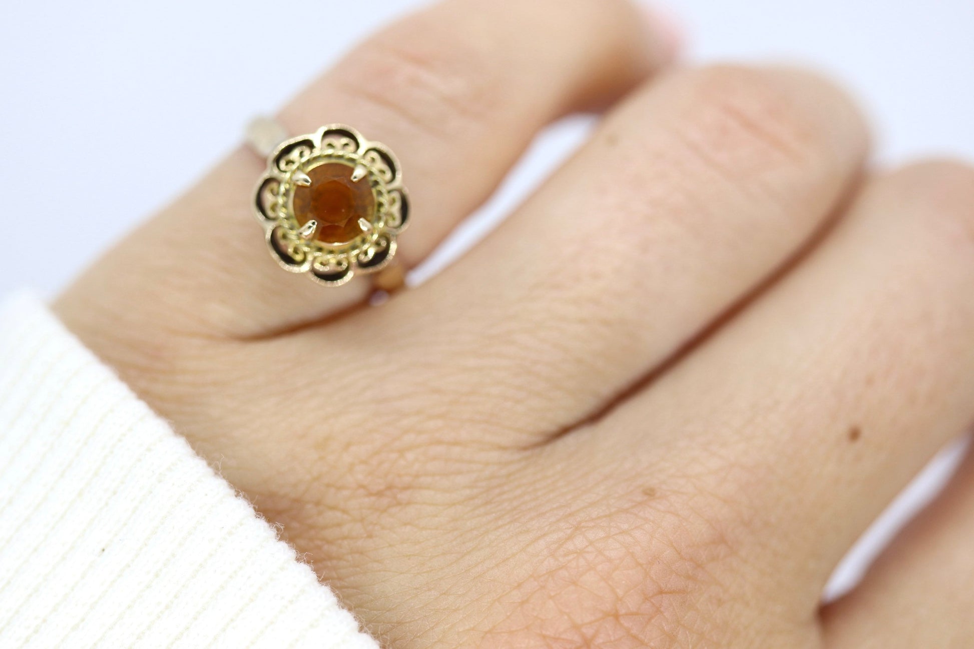 Antique Citrine Flower ring. Hand made 10k yellow gold flower Filigree ring