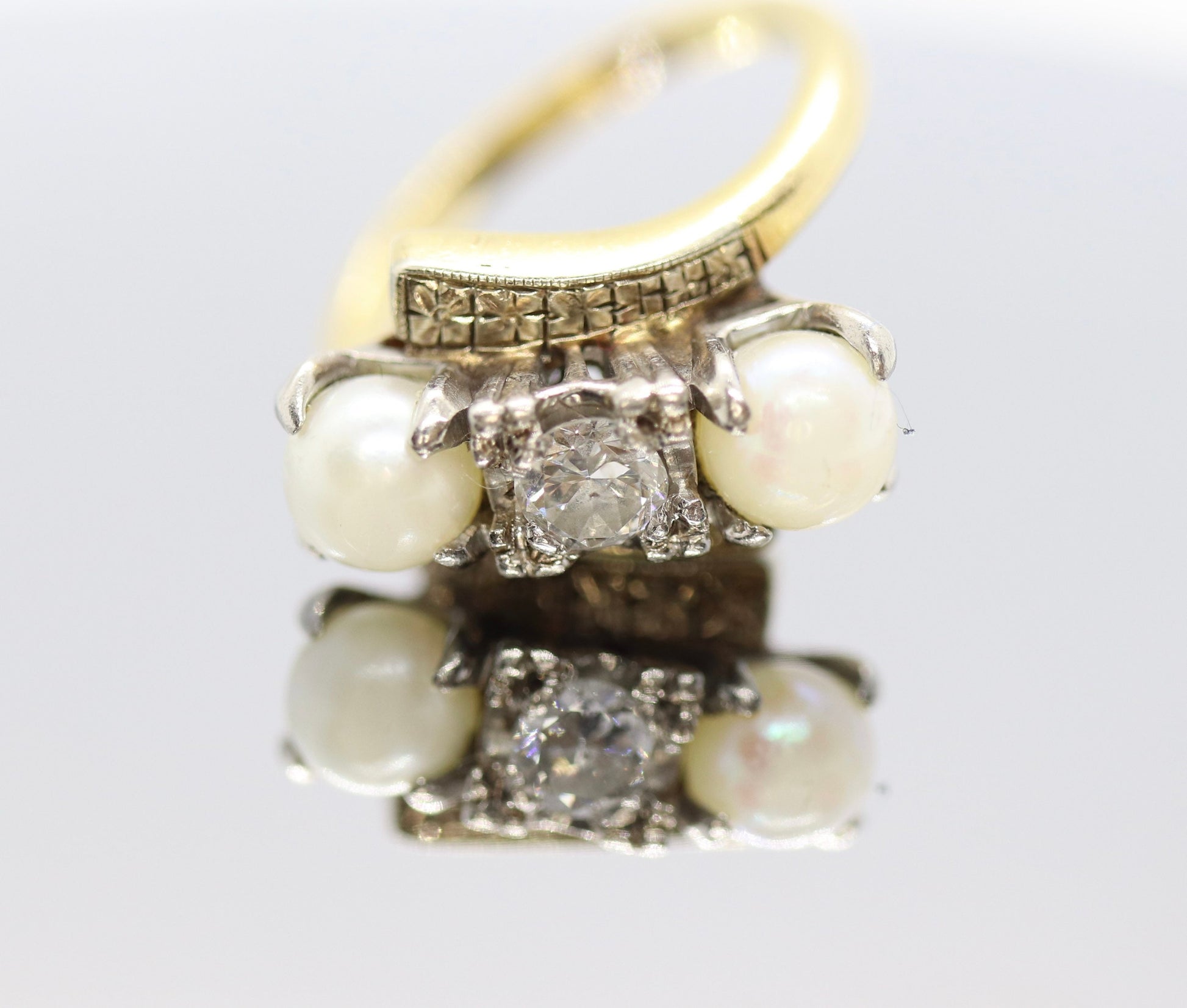 Diamond Twin Pearl ring. 14k Ever Us bypass ring.