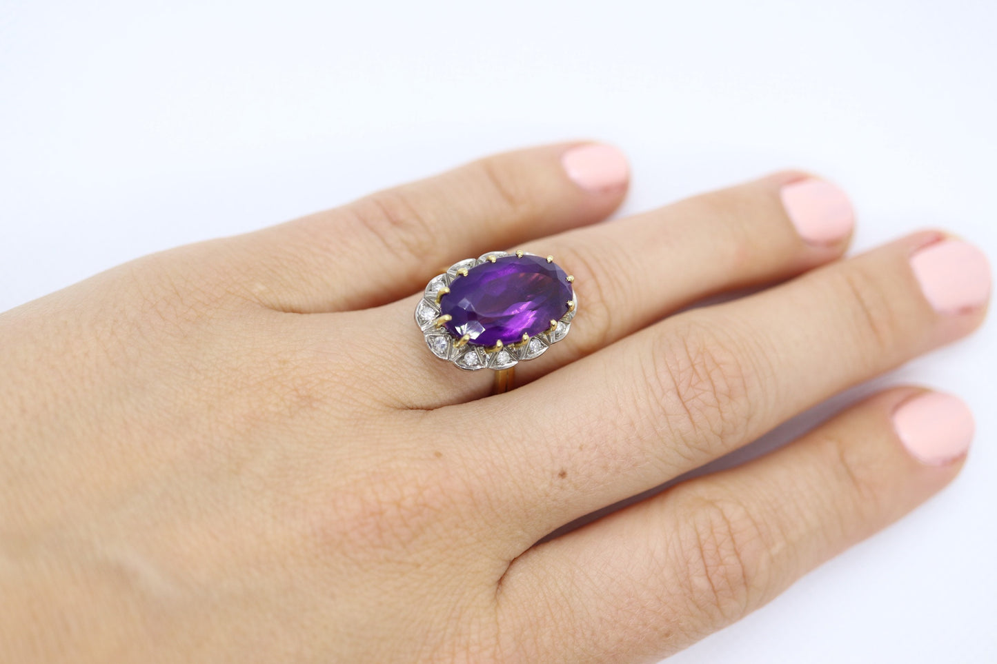 Vintage 1940s Large Amethyst and Diamond Handmade 18k Yellow White Gold Ring sz 6.5, Engagement ring, cocktail ring, February Amethyst