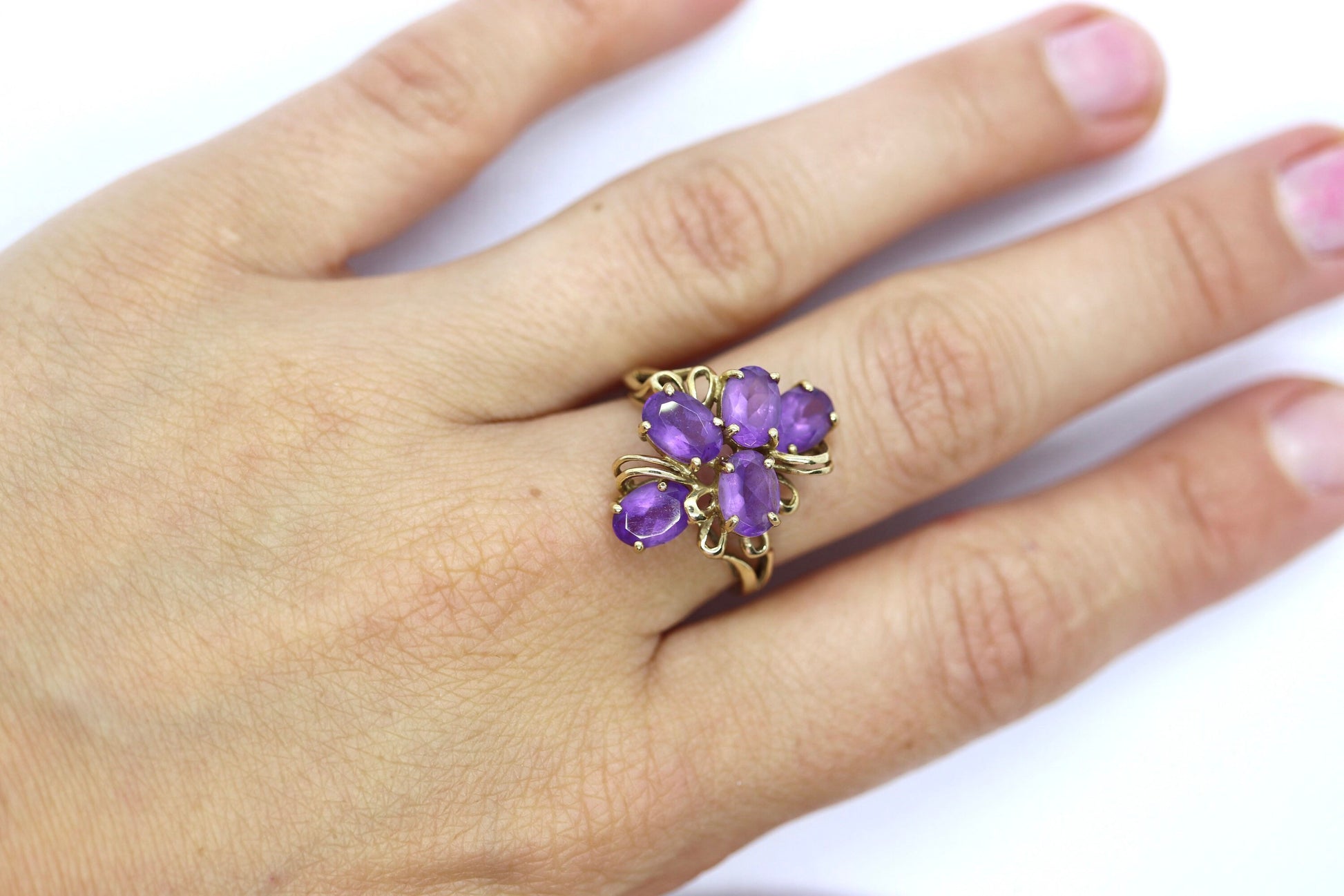 Oval Amethyst cluster ring. 14k Yellow gold Amethyst Cluster ring