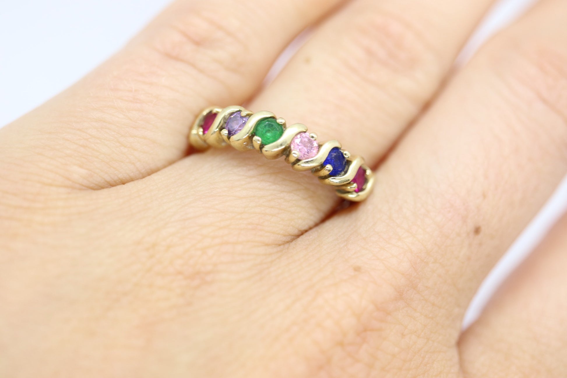 Multi-Color Gem Ring. 10k Eternity Band. Ruby Sapphire Topaz Emerald Amethyst