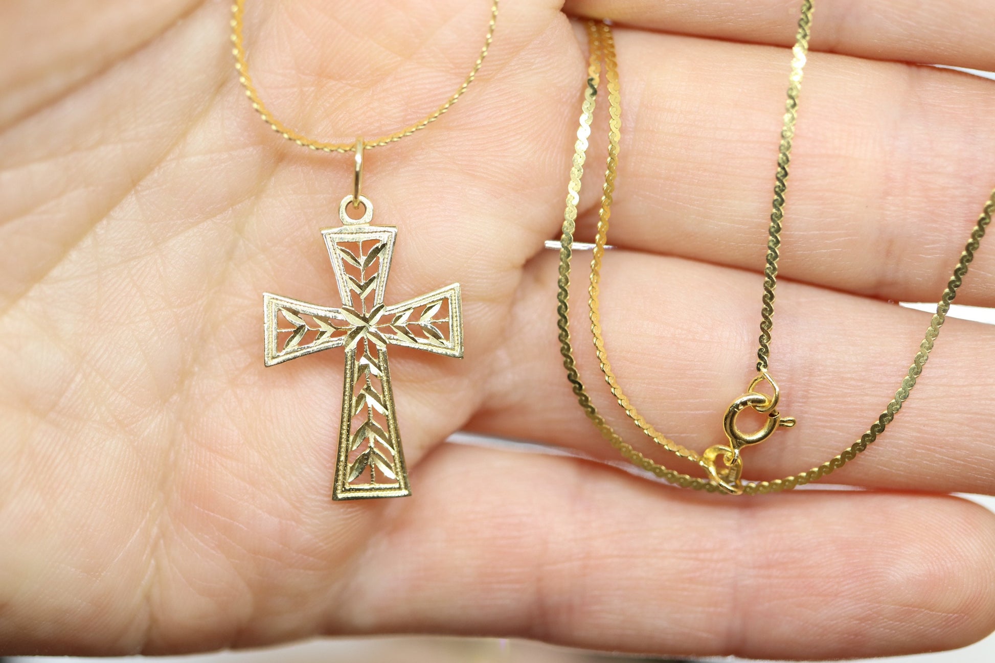 14k Cross Necklace. Open Crucifix Pendant on 14k chain