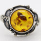 Vintage Honey Amber round cabochon 925 Sterling Silver Ring with Leaf motif. Women sz 7.5