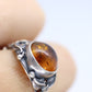 Vintage Honey Amber round cabochon 925 Sterling Silver Ring with Leaf motif. Women sz 7.5