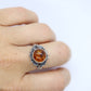 Vintage Honey Amber round cabochon 925 Sterling Silver Ring with Leaf motif. Women sz 7.5