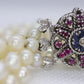 18k Sapphire Ruby Diamond Graduated Saltwater Pearl triple thread necklace.