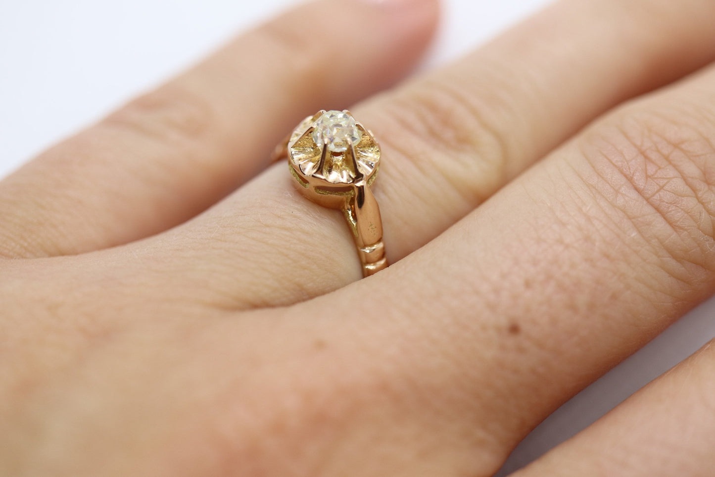 Victorian 18k Rose Gold Diamond Solitaire. 0.36ct Old Mine Cushion Cut Buttercup Diamond setting.