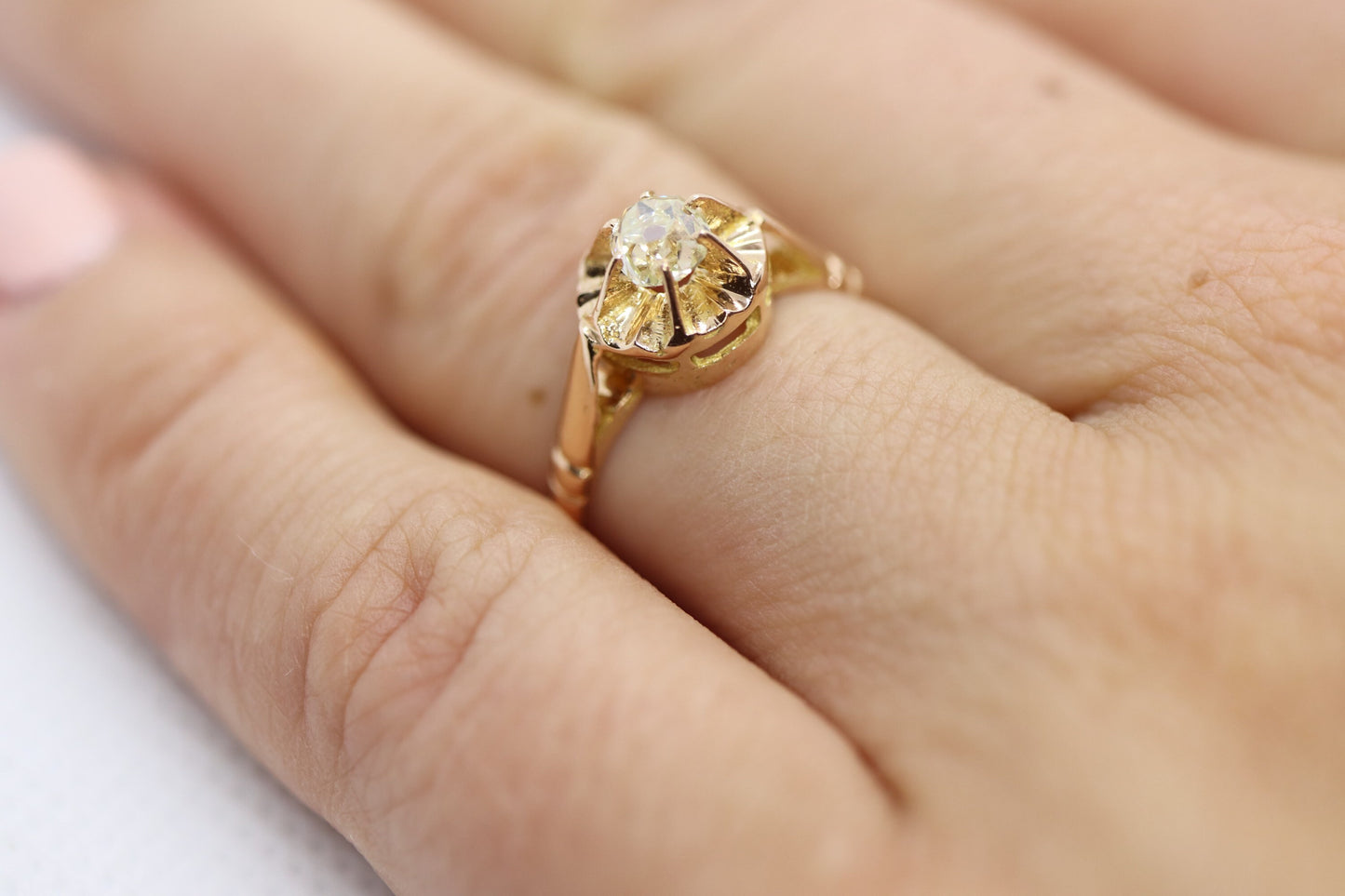 Victorian 18k Rose Gold Diamond Solitaire. 0.36ct Old Mine Cushion Cut Buttercup Diamond setting.