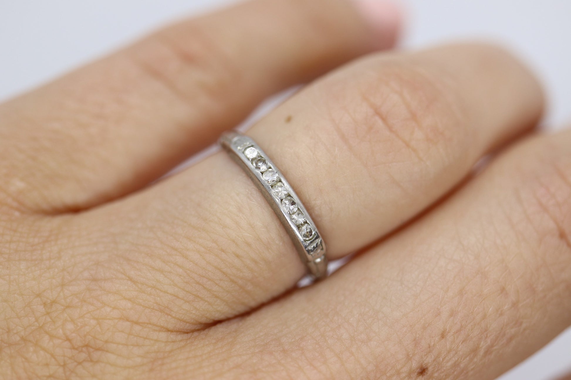 Antique Platinum Diamond eternity channel band. Art Deco 1930s diamond eternity infinity band.