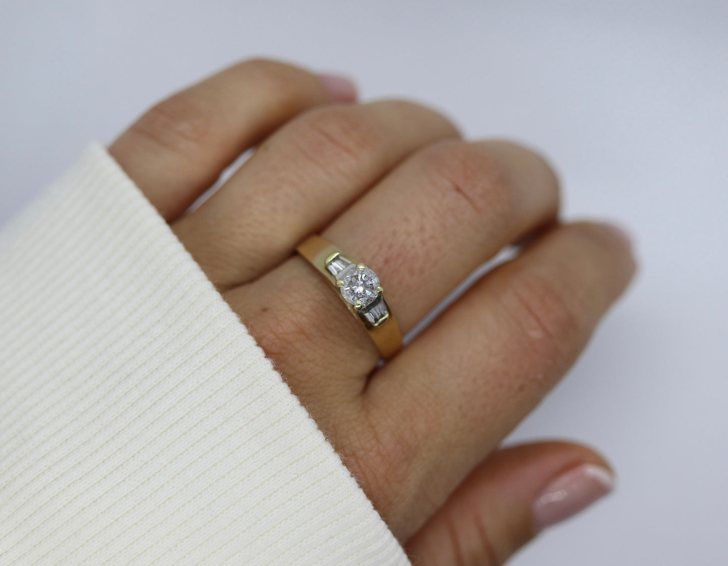 0.60ct Diamond Solitaire 14k ring with baguette accents. 14k Wedding band or Engagement ring.