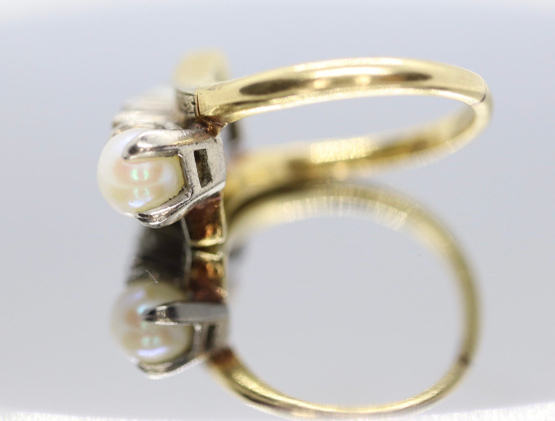 Diamond Twin Pearl ring. 14k Ever Us bypass ring.