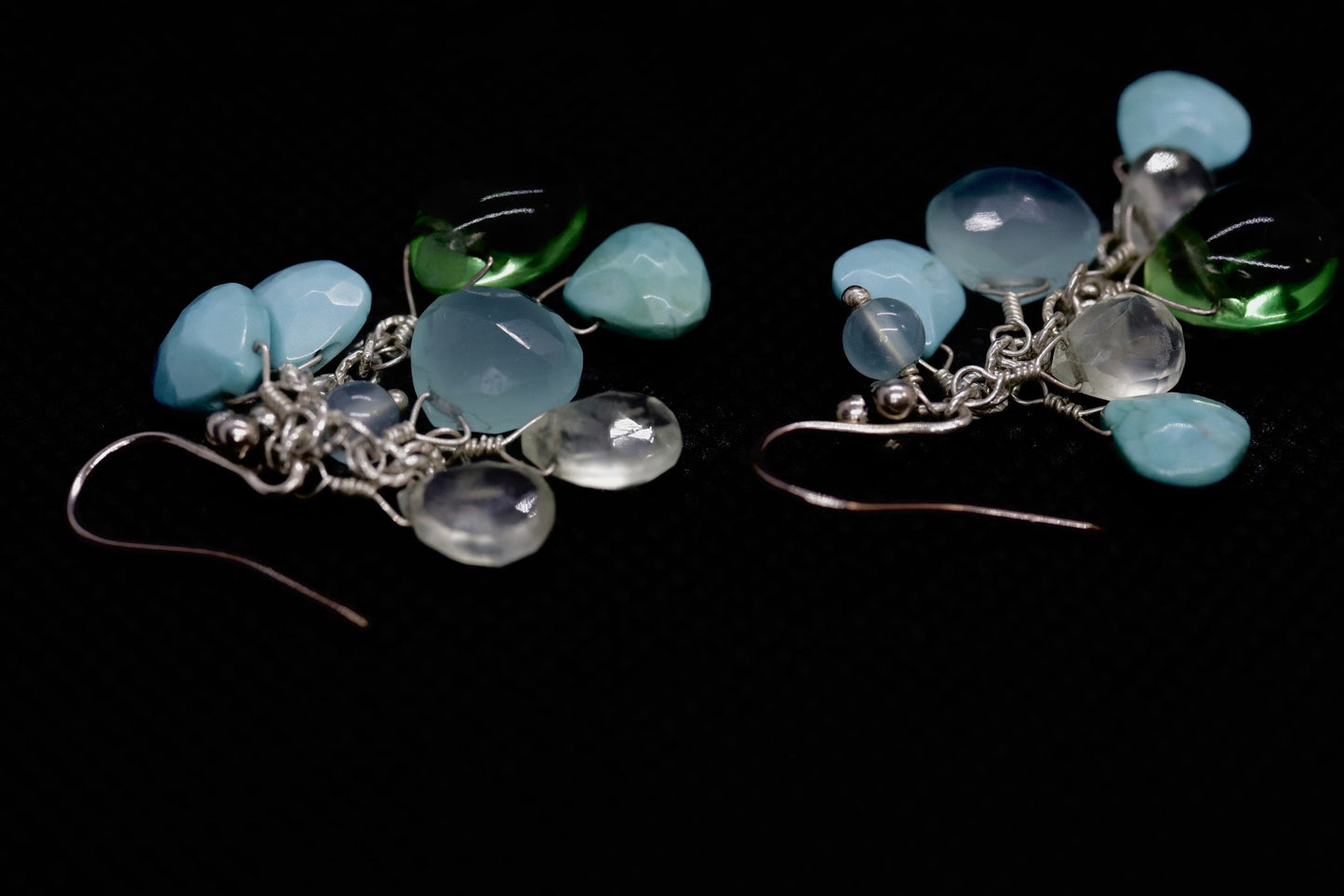 Laura Gibson Dangle Earrings. Sterling Silver with faceted Prehnite, Flourite, Turquoise, and Opal Chalcedony (275)