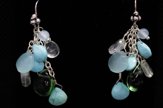 Laura Gibson Dangle Earrings. Sterling Silver with faceted Prehnite, Flourite, Turquoise, and Opal Chalcedony (275)