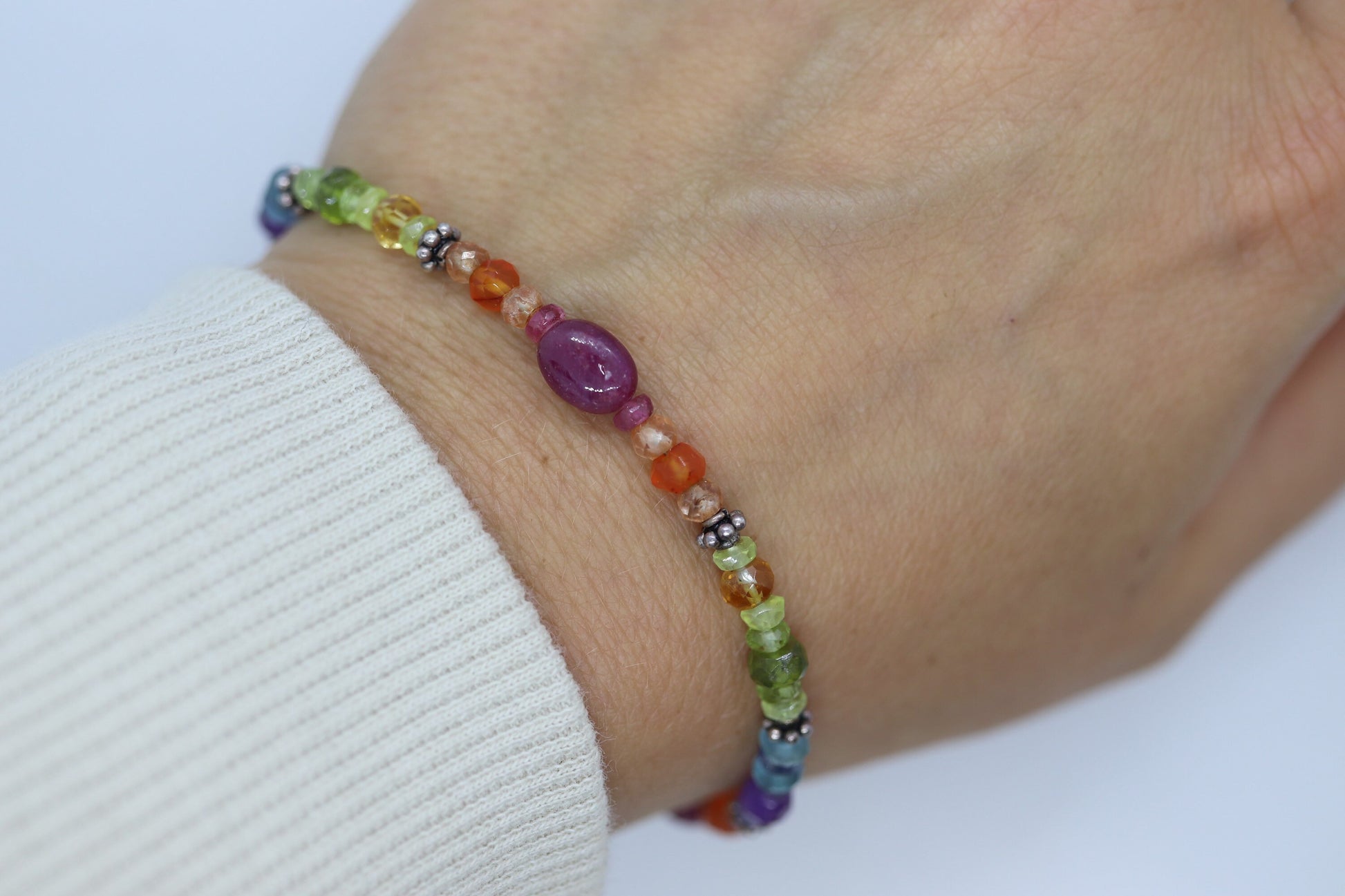 Laura Gibson Bracelet. Sterling Silver with Dangling Faceted Gems - Carnelian Amethyst Tourmaline (299)